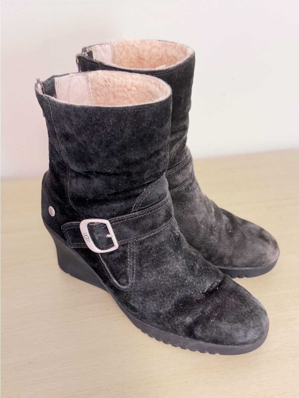 UGG Black Suede Wedge Ankle Boots with Shearling Lining